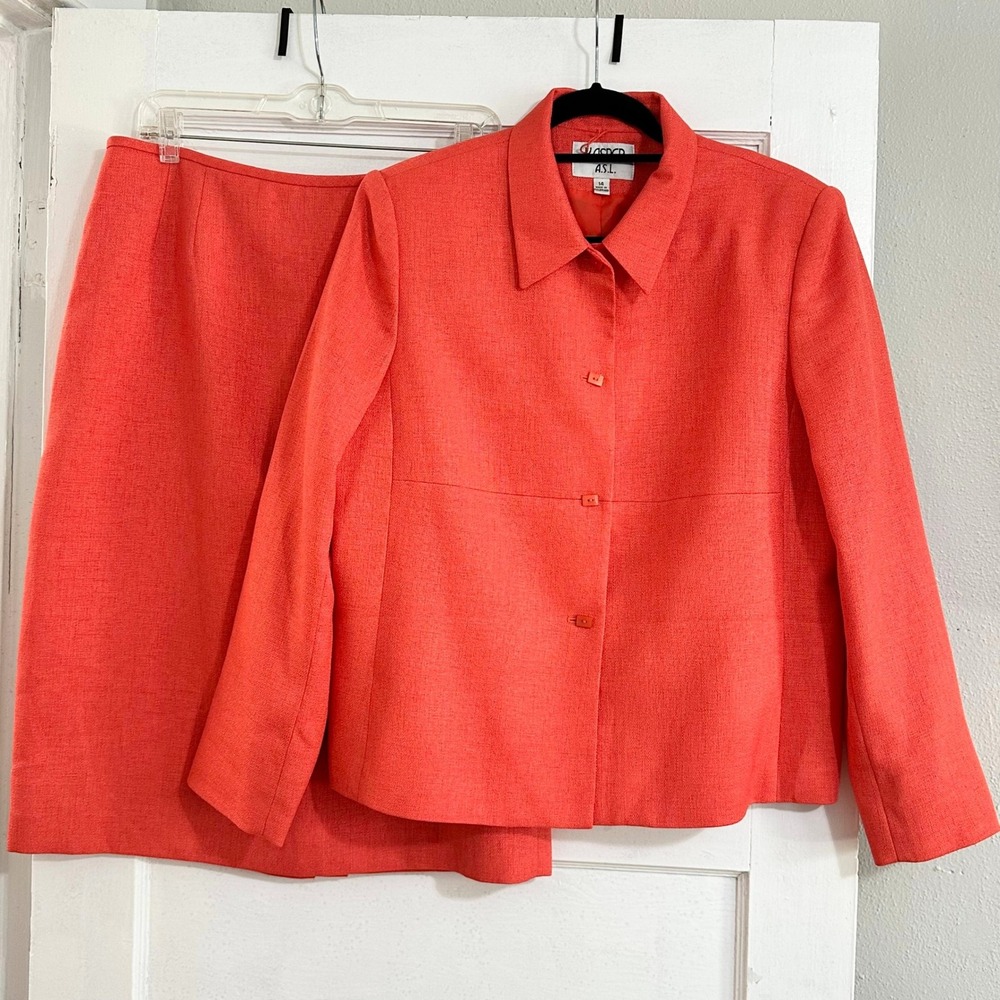 VTG Kasper ASL Orange Career Suit Women's 14 Blazer & Skirt Set Shoulder Pads